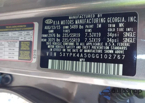 2016 Kia Sorento 3.3L Sxl z USA, uszkodzony, nr VIN 5XYPK4A50GG102767